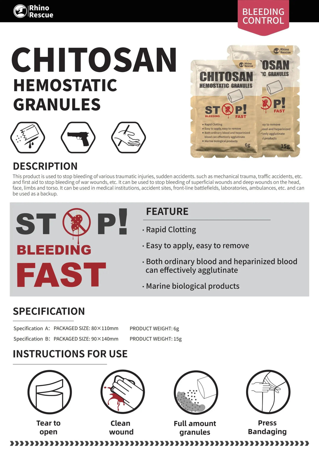 Hemostaattirae 6g - 15g Rakeet ja Injektori - Medrescue Gear