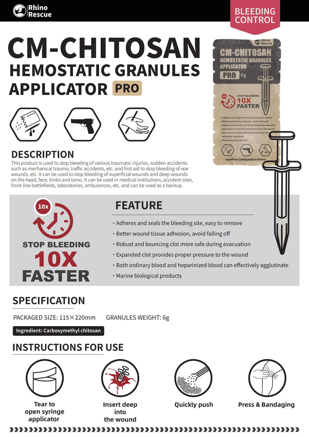 Hemostaattirae I CM - Chitosan PRO I Injektorit ja rakeet 6 - 15g - Medrescue Gear