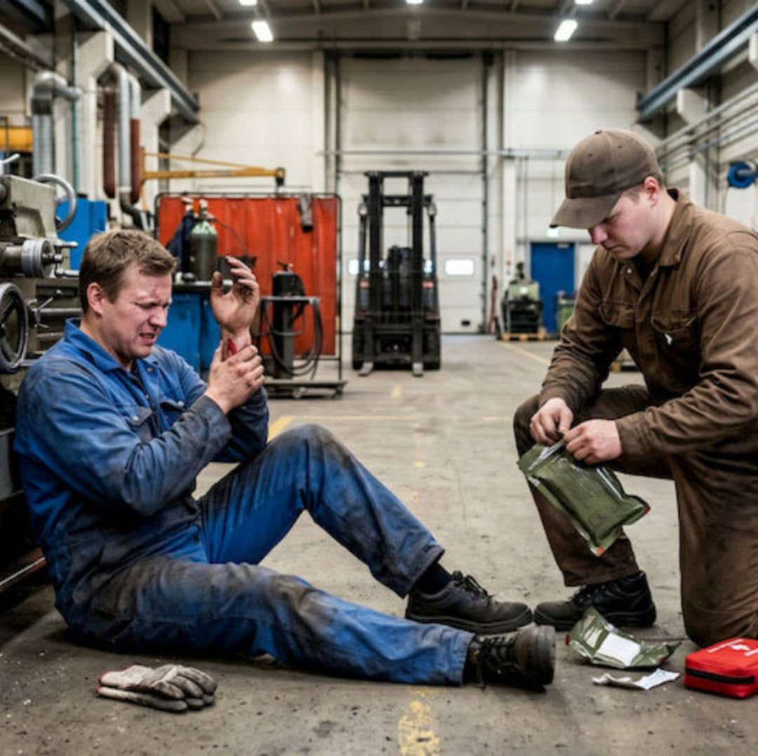 työntekijä auttaa loukkaantunutta kaveriaan